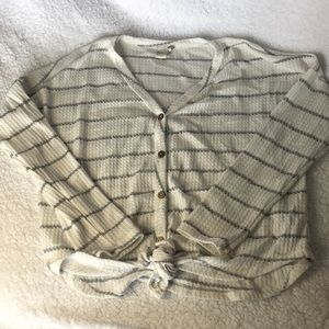 White-Grey Striped Tied Blouse